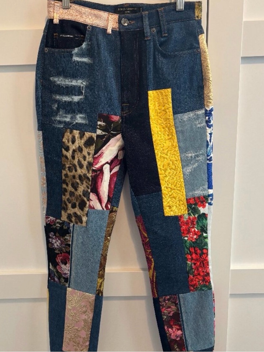 Patchwork Dark Blue Denim Jeans with Mixed Print Panels